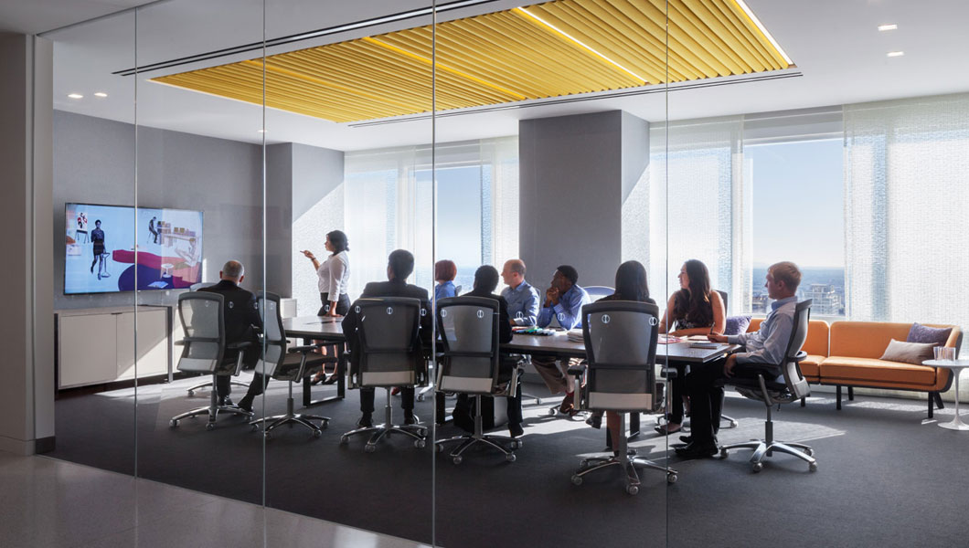 Knoll Shared Spaces Assembly Space Conference Room with DatesWeiser Table and Life Chairs